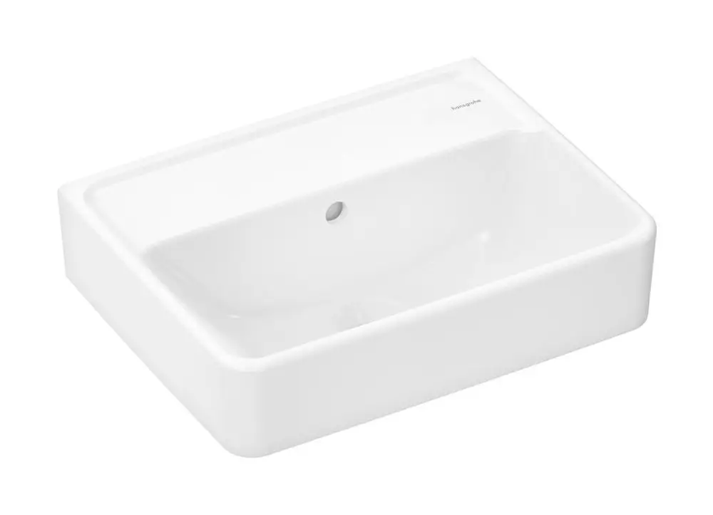 Weißes Handwaschbecken von Hansgrohe ohne Hahnloch und mit Überlauf, rechteckige Form, glatte Oberfläche, zur Wandmontage geeignet.